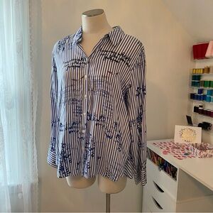 Chicos Blue and White Striped Shirt with Floral Design 2 button